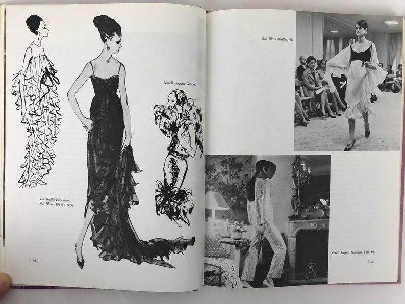 May include: A book featuring black and white illustrations of women wearing different styles of dresses. The book includes text about the "The Ruffled Evolution" and "Novel Separates Gown".