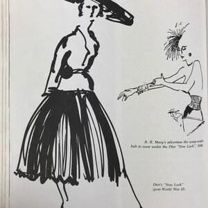 May include: A black and white illustration of two women wearing 1940s fashion. The woman on the left is wearing a wide-brimmed hat, a fitted jacket, and a full skirt. The woman on the right is wearing a fitted top and a skirt. The text below the illustration reads: "R. H. Macy's advertises the wasp-waist belt to wear under the Dior "New Look", 1946. Dior's "New Look" (post-World War II)."