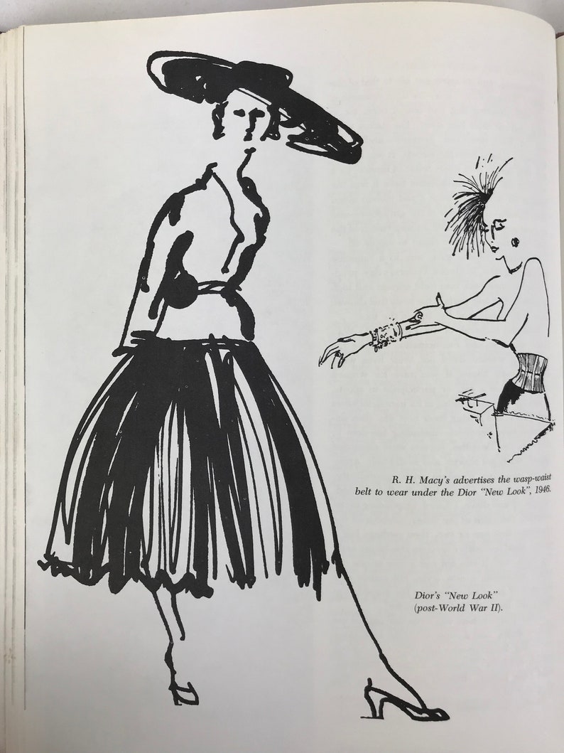 May include: A black and white illustration of two women wearing 1940s fashion. The woman on the left is wearing a wide-brimmed hat, a fitted jacket, and a full skirt. The woman on the right is wearing a fitted top and a skirt. The text below the illustration reads: "R. H. Macy's advertises the wasp-waist belt to wear under the Dior "New Look", 1946. Dior's "New Look" (post-World War II)."