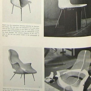 May include: Black and white photographs of chair designs. The first image shows a chair with a white seat and black legs. The second image shows a chair with a white seat and black legs. The third image shows a chair with a white seat and black legs. The fourth image shows a chair with a white seat and black legs. The text "Designs by Saarinen and Eames" is at the bottom of the page.