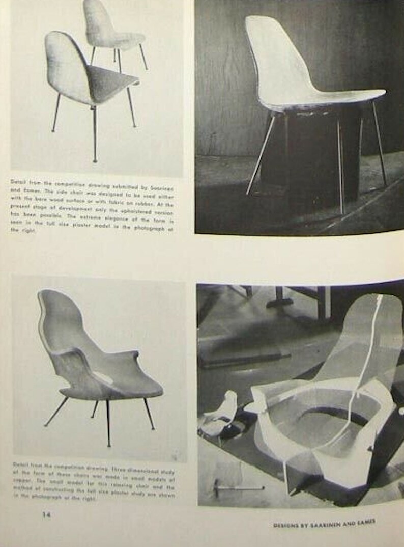 May include: Black and white photographs of chair designs. The first image shows a chair with a white seat and black legs. The second image shows a chair with a white seat and black legs. The third image shows a chair with a white seat and black legs. The fourth image shows a chair with a white seat and black legs. The text "Designs by Saarinen and Eames" is at the bottom of the page.