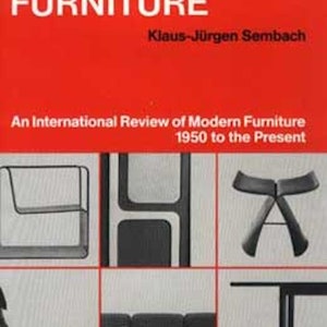 May include: A book cover titled "Contemporary Furniture: An International Review of Modern Furniture 1950 to the Present" by Klaus-Jürgen Sembach. The cover features six black and white images of modern furniture.