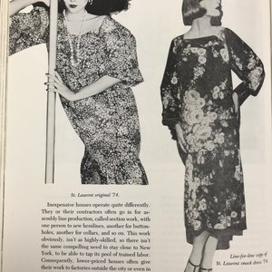 May include: Two women wearing different patterned dresses. The woman on the left is wearing a black and white dress with a beaded necklace. The woman on the right is wearing a black and white floral dress. The text "St. Laurent original '74." is at the bottom of the image.