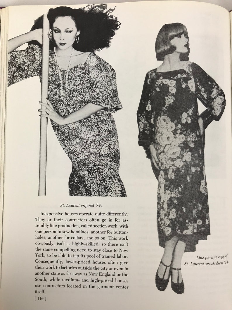 May include: Two women wearing different patterned dresses. The woman on the left is wearing a black and white dress with a beaded necklace. The woman on the right is wearing a black and white floral dress. The text "St. Laurent original '74." is at the bottom of the image.
