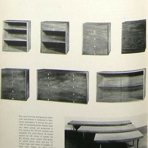 May include: A collection of mid-century modern furniture designed by Eames and Saarinen. The pieces include a variety of cabinets, shelves, and tables. The text "Furniture by Saarinen and Eames" is at the top of the page. The text "Designs by Saarinen and Eames" is at the bottom of the page.