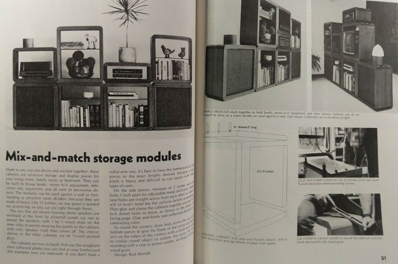May include: A DIY project for building modular storage units. The image shows a set of instructions for building a storage unit with a drill and a saw. The text in the image reads "Mix-and-match storage modules".