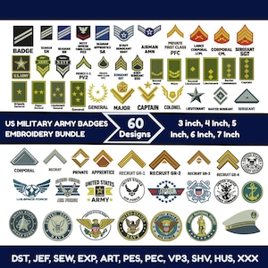 Puede incluir: Una colección digital de 60 diseños de bordado de insignias militares del ejército de EE. UU., incluyendo rangos, emblemas de ramas y parches. El texto incluye US MILITARY ARMY BADGES EMBROIDERY BUNDLE, 3 inch, 4 Inch, 5 Inch, 6 Inch, 7 Inch y formatos como DST, JEF, SEW, EXP, ART, PES, PEC, VP3, SHV, HUS, XXX.