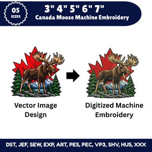 Può includere: Un disegno per ricamo a macchina Canada Moose disponibile nelle misure 3, 4, 5, 6 e 7 pollici. La grafica mostra un alce marrone davanti a una foglia d'acero rossa, pini verdi e montagne blu. Include i formati DST, JEF, SEW, EXP, ART, PES, PEC, VP3, SHV, HUS e XXX.
