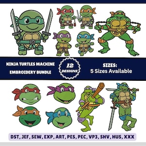 Op de afbeelding: Een digitaal borduurontwerppakket met twaalf Ninja Turtles-afbeeldingen, inclusief volledige personages met wapens, hoofdportretten en de tekst Ninja Turtles Machine Embroidery Bundle, 12 Designs, Sizes: 5 Sizes Available, en diverse bestandsformaten.