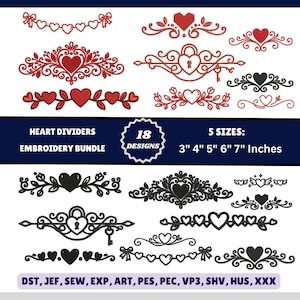 Könnte beinhalten: Ein Stickerei-Set mit 18 Herz-Trennlinien-Designs in Rot und Schwarz. Der Text lautet Heart Dividers Embroidery Bundle, 18 Designs, 5 Sizes: 3" 4" 5" 6" 7" Inches, sowie die Dateiformate DST, JEF, SEW, EXP, ART, PES, PEC, VP3, SHV, HUS, XXX.