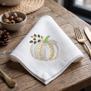 Può includere: Un tovagliolo di stoffa bianca con un disegno di zucca ricamato al centro. La zucca è cucita con filo bianco e dorato, accentuata da un gambo verde e foglie marrone scuro. Il tovagliolo presenta un bordo cucito lungo i lati.