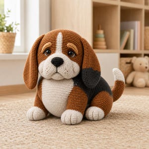 May include: A crocheted beagle dog soft toy featuring brown, black, and cream-coloured yarn. The toy has long, floppy ears, a white stripe running down the centre of its face, a black nose, and a small, upright tail with a white tip.