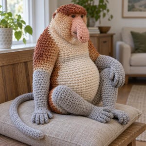 May include: A crocheted proboscis monkey plush toy featuring a large, bulbous pink nose, a reddish-brown head, a cream-coloured belly, and grey limbs and tail. The stuffed animal is crafted with visible yarn stitches and sits in a seated position.