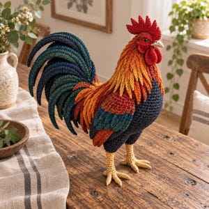 May include: A handcrafted crochet cockerel figurine featuring a vibrant colour palette. The bird has a bright red comb and wattle, a neck and body with orange and yellow feathers, dark blue wings, and a long, flowing tail in shades of blue and green.