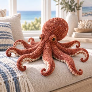 May include: A rust-colored crochet octopus plush toy featuring a large rounded head, eight curled tentacles with cream-colored circular suction cup details, and two dark brown eyes. The textured yarn construction shows intricate stitching.