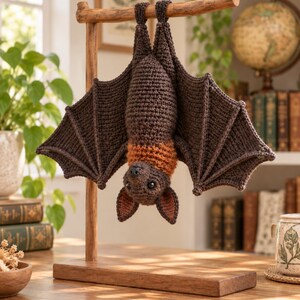 May include: A dark brown crocheted bat hanging upside down from a wooden T-shaped stand. The bat features a textured body, large spread wings with defined ribbing, a lighter orange-brown neck ruff, pointed ears, and small black eyes.