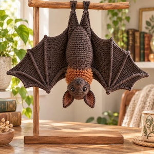 May include: A crocheted bat toy hanging upside down from a wooden stand. The bat features dark brown wings and body, with a textured orange collar around its neck, pointed ears with pinkish inner details, and small black eyes facing forward.