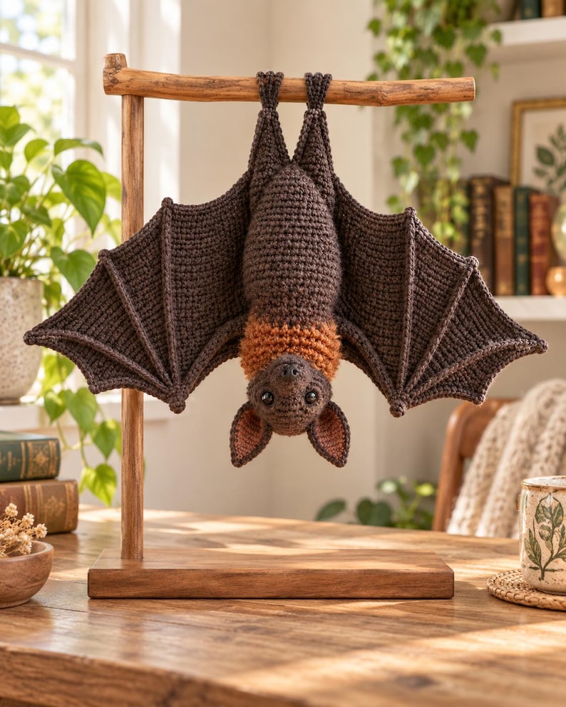 May include: A crocheted bat toy hanging upside down from a wooden stand. The bat features dark brown wings and body, with a textured orange collar around its neck, pointed ears with pinkish inner details, and small black eyes facing forward.