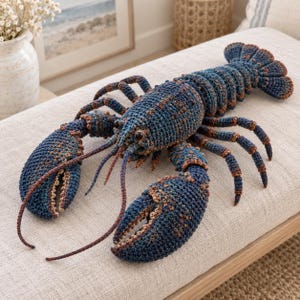 May include: A handcrafted crochet lobster toy featuring a textured body in shades of deep blue and mottled brown. The plush crustacean has two large front claws, multiple segmented legs, long thin antennae, and a wide tail, all worked in yarn.