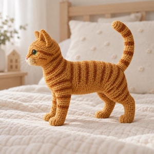 Puede incluir: Un gato atigrado naranja de ganchillo con rayas de color naranja oscuro, un hocico claro y ojos verdes. El gato está de pie en posición de perfil con la cola levantada, mostrando la textura detallada del hilo y las puntadas.