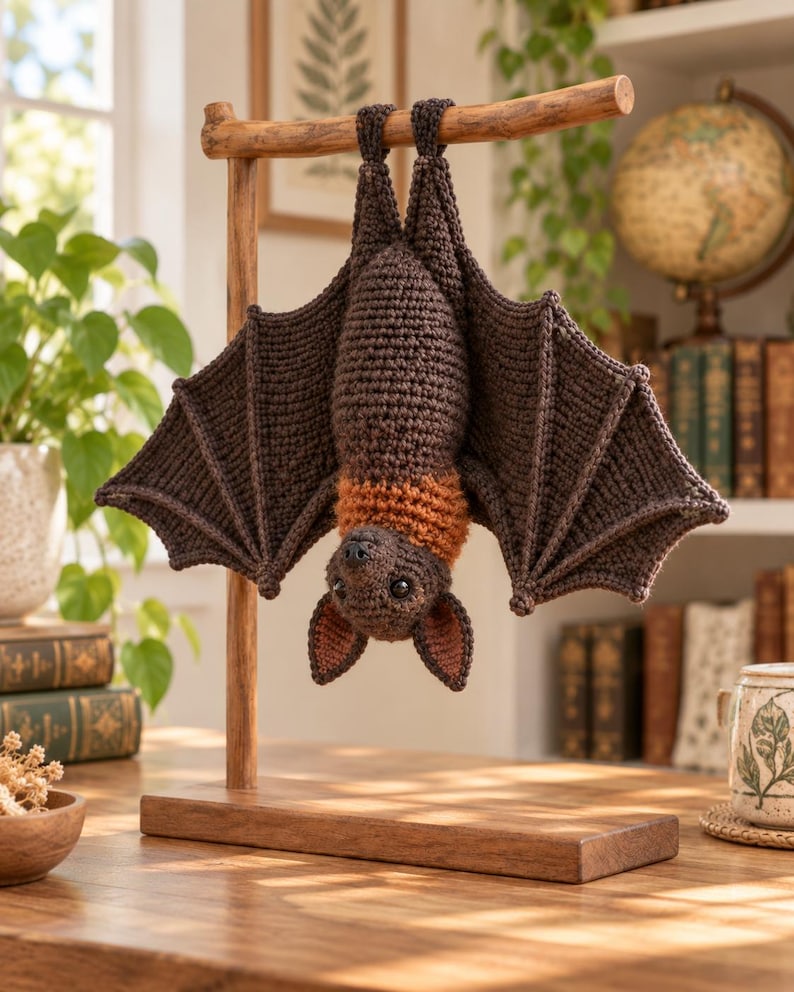 May include: A dark brown crocheted bat hanging upside down from a wooden T-shaped stand. The bat features a textured body, large spread wings with defined ribbing, a lighter orange-brown neck ruff, pointed ears, and small black eyes.