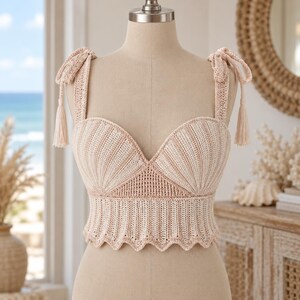 Könnte beinhalten: Ein beiges Häkel-Crop-Top mit herzförmigem Ausschnitt, muschelartigen Rippenmustern, verstellbaren Schulterträgern mit Schleifen und hängenden Quasten sowie einem gewellten Saum, präsentiert auf einer neutralen Schneiderpuppe.
