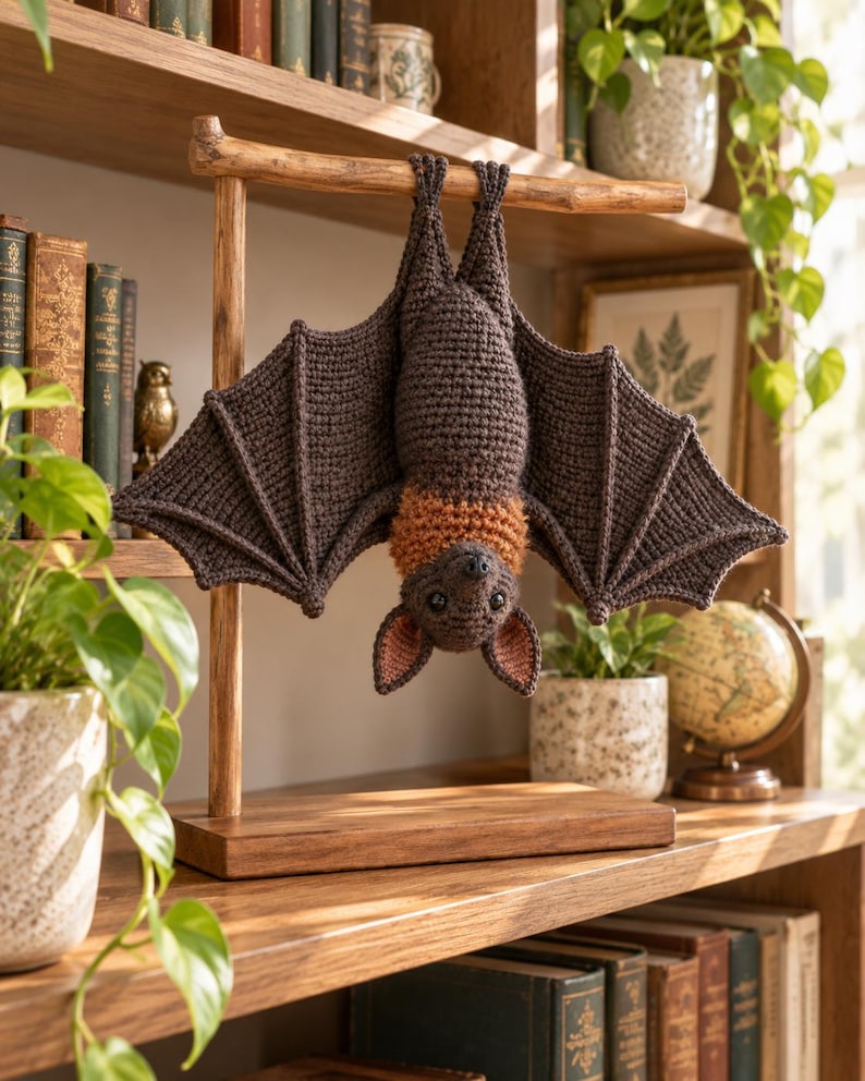 May include: A crocheted bat toy hanging upside down from a wooden T-shaped stand. The bat has dark brown wings and body, with a textured orange collar around its neck, black eyes, and pink-lined ears. The stand features a rectangular base.