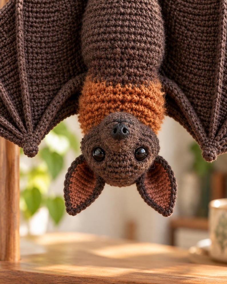 May include: A crocheted bat toy hanging upside down, featuring dark brown wings and body, a lighter orange-brown chest, and pink-toned inner ears. The bat has large, glossy black eyes and a small black nose, crafted with visible yarn stitches.
