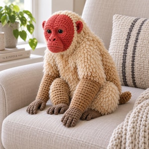 May include: A handcrafted crochet monkey plush toy featuring a bright red face, black eyes, and a textured cream-coloured body with brown arms and legs. The monkey is depicted in a seated position with detailed stitching on the hands and feet.