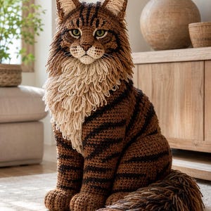 May include: A large, seated Maine Coon cat figurine crafted from brown and cream yarn. The crochet sculpture features dark brown tiger stripes, a thick cream-colored chest ruff, pointed ears with dark tufts, and green eyes with a detailed face.
