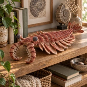 May include: A handcrafted crochet plush toy of an Anomalocaris, an extinct marine arthropod. The creature features a segmented body in shades of reddish-brown and tan, with two large stalked eyes and a pair of curved, spiny frontal appendages.