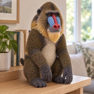 May include: A crocheted mandrill plush toy featuring a textured brown and tan body, a yellow neck ruff, and a face with a bright red nose bridge and blue ridged cheeks. The figure is crafted with detailed yarn stitching and dark brown limbs.