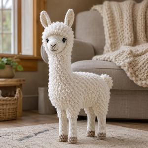 May include: A cream-colored crocheted llama stuffed animal with a textured, curly yarn body, upright ears, and dark embroidered eyes and nose. The four legs feature light brown yarn at the hooves, and the overall construction is soft and plush.