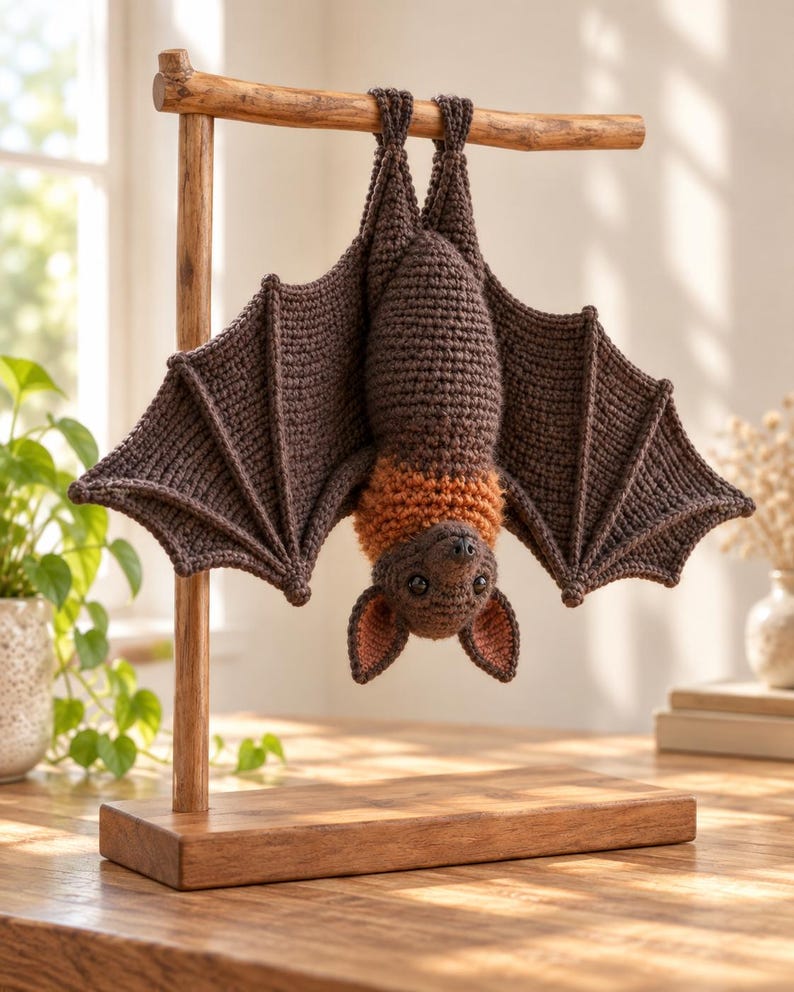 May include: A crocheted bat toy hanging upside down from a wooden T-shaped stand. The bat is primarily dark brown with a lighter orange-brown neck area, large pointed ears with pinkish interiors, and wide, textured wings with visible stitching.