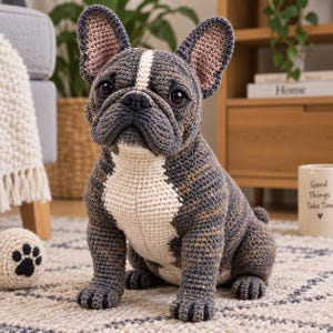 Puede incluir: Una figura de bulldog francés tejida a mano en ganchillo, con un cuerpo de hilo jaspeado en gris oscuro y marrón, una franja blanca que va desde la frente hasta el pecho, orejas grandes y erguidas, y ojos de plástico oscuro.