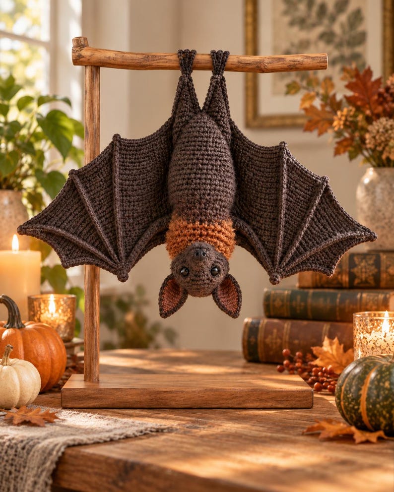 May include: A dark brown crocheted bat hanging upside down from a wooden T-shaped stand. The bat features large, textured wings, a lighter orange-brown neck ruff, pointed ears with pinkish inner details, and small black eyes facing forward.