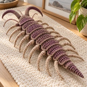 May include: A long, segmented centipede plush toy crafted with crochet yarn. The body features a gradient of deep purple and muted brown tones, with numerous curved, light tan legs extending from each side and two long antennae at the head.