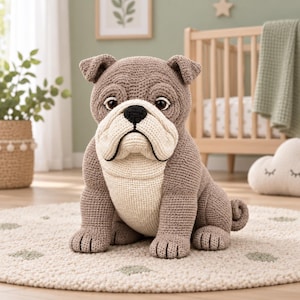 May include: A crochet bulldog stuffed animal featuring a light brown body with a cream-coloured chest, muzzle, and face. The toy has dark brown eyes, a black nose, and a small curled tail, crafted with a textured yarn stitch pattern throughout.