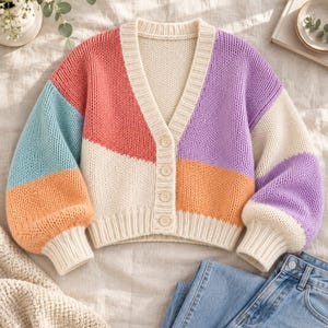 Può includere: Un cardigan in maglia a blocchi di colore con scollo a V e quattro bottoni chiari. Il capo presenta pannelli color azzurro, corallo, crema, arancione e viola in una trama a maglia grossa con polsini e orlo a coste.