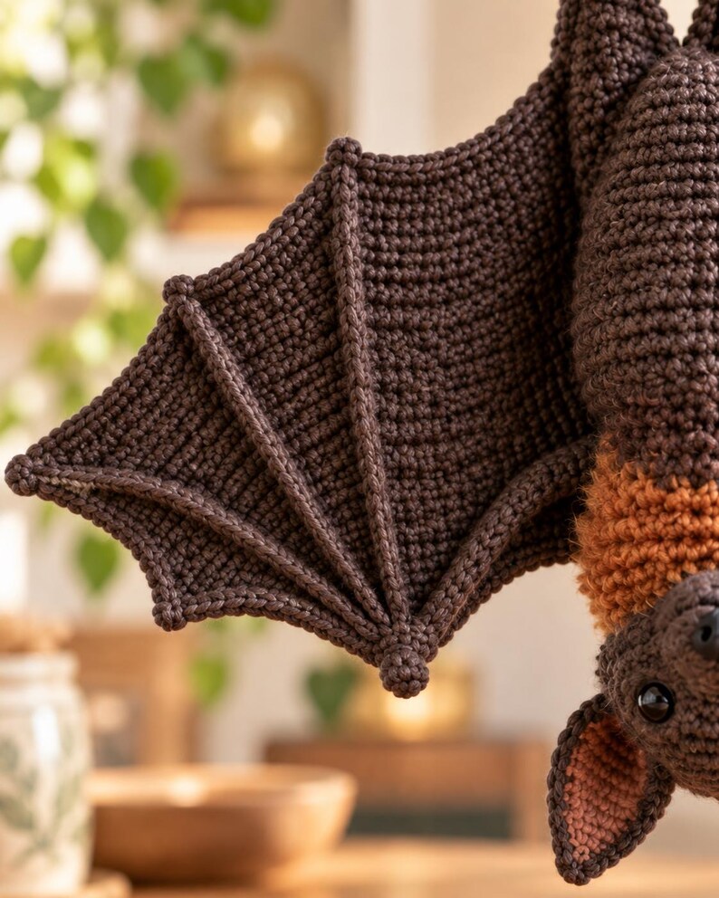 May include: A dark brown crocheted bat with a textured wing structure featuring prominent raised ridges. The bat has a fuzzy orange chest patch, a small dark nose, and ears with light pink inner detailing. The eyes are smooth, round, and black.