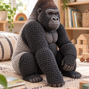 Puede incluir: Un gran peluche de gorila tejido a ganchillo a mano, con un cuerpo de color gris carbón oscuro, pecho y cara de color gris más claro y una coronilla en tonos marrones. El animal de peluche se muestra sentado con puntadas de hilo texturizadas.