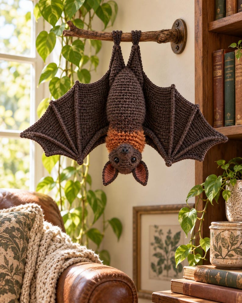 May include: A crocheted bat hanging upside down from a wooden branch. The bat features a dark brown body and wings, with a contrasting orange ruff of fur around its neck. It has pointed ears with pinkish inner details and small black eyes.