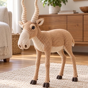 Puede incluir: Una figura de antílope tejida a ganchillo con hilo color canela y crema, con cuernos largos en espiral, pezuñas de color marrón oscuro y ojos negros. El animal se muestra de perfil, destacando una textura de punto detallada en el cuerpo.
