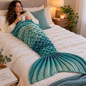 Peut inclure: Une couverture en crochet en forme de queue de sirène avec un motif d'écailles texturé dans un dégradé ombré de bleu sarcelle, turquoise et bleu foncé. La couverture s'étend de la taille jusqu'à une large nageoire côtelée en laine épaisse.