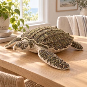 May include: A crochet sea turtle plush toy featuring a textured shell in shades of olive green, brown, and cream. The turtle has a detailed head with dark eyes, a beak-like mouth, and four extended flippers, all crafted with intricate yarn stitches.