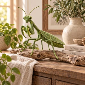 Pode incluir: Uma figura de louva-a-deus em crochê em tons de verde, com asas texturizadas detalhadas, pernas longas e finas e olhos proeminentes. O inseto está pousado sobre um pedaço de madeira natural, exibindo um trabalho de fio intrincado e realista.