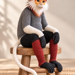 Pode incluir: Um animal de pelúcia feito em crochê que se assemelha a um langur-de-patas-vermelhas. Possui um tronco cinza-escuro, antebraços brancos, mãos pretas, pernas vermelhas e pés pretos. A cabeça tem uma coroa preta, rosto laranja e gola branca.