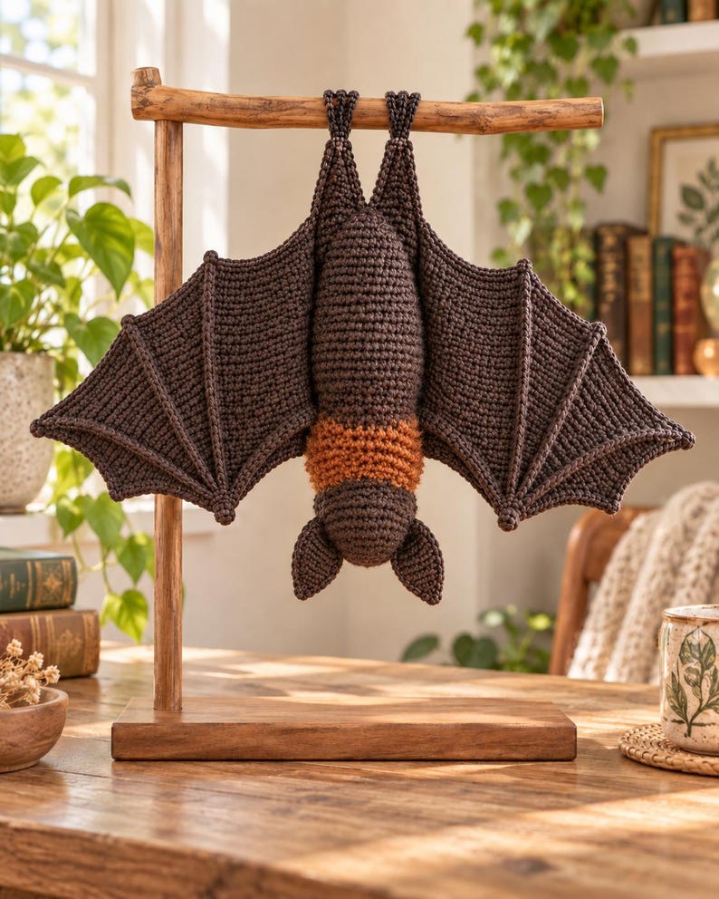 May include: A dark brown crocheted bat with a textured orange band around its midsection, hanging upside down from a wooden T-shaped display stand. The bat features detailed wing structures with visible stitching and two pointed ears.