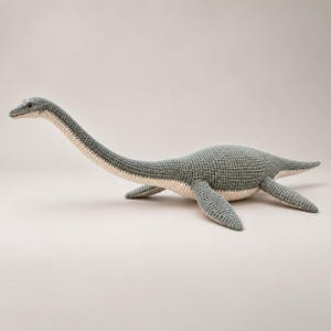 May include: A crochet plush toy shaped like a plesiosaur with a long neck and tail. The creature features a textured sage green yarn body with a contrasting cream-colored underside, four flippers, and small dark eyes on a slender head.