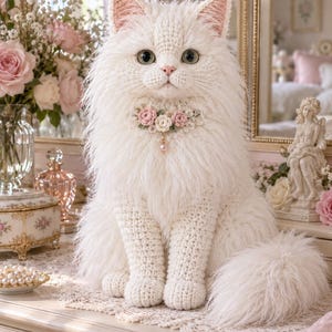 Può includere: Una statuetta di gatto lavorata all'uncinetto in bianco con pelo lungo e arruffato, occhi verdi e orecchie sfumate di rosa. Il gatto indossa un collare decorativo con piccoli fiori lavorati all'uncinetto rosa e bianchi e una perla pendente.
